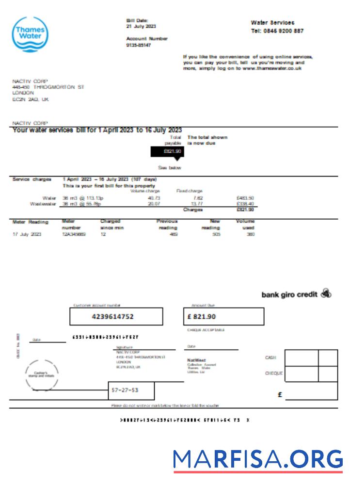 Printable Thames Water utility business bill, SCR example